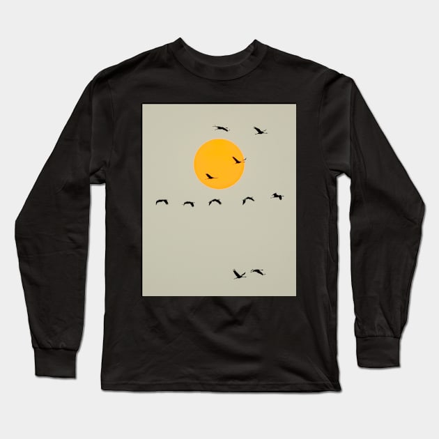 Common Cranes Flying in Front of Orange Setting Sun Long Sleeve T-Shirt by visualspectrum